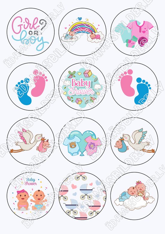 Cukura papīrs ar apdruku "Baby Shower", kapkeiku aplīši 6 cm